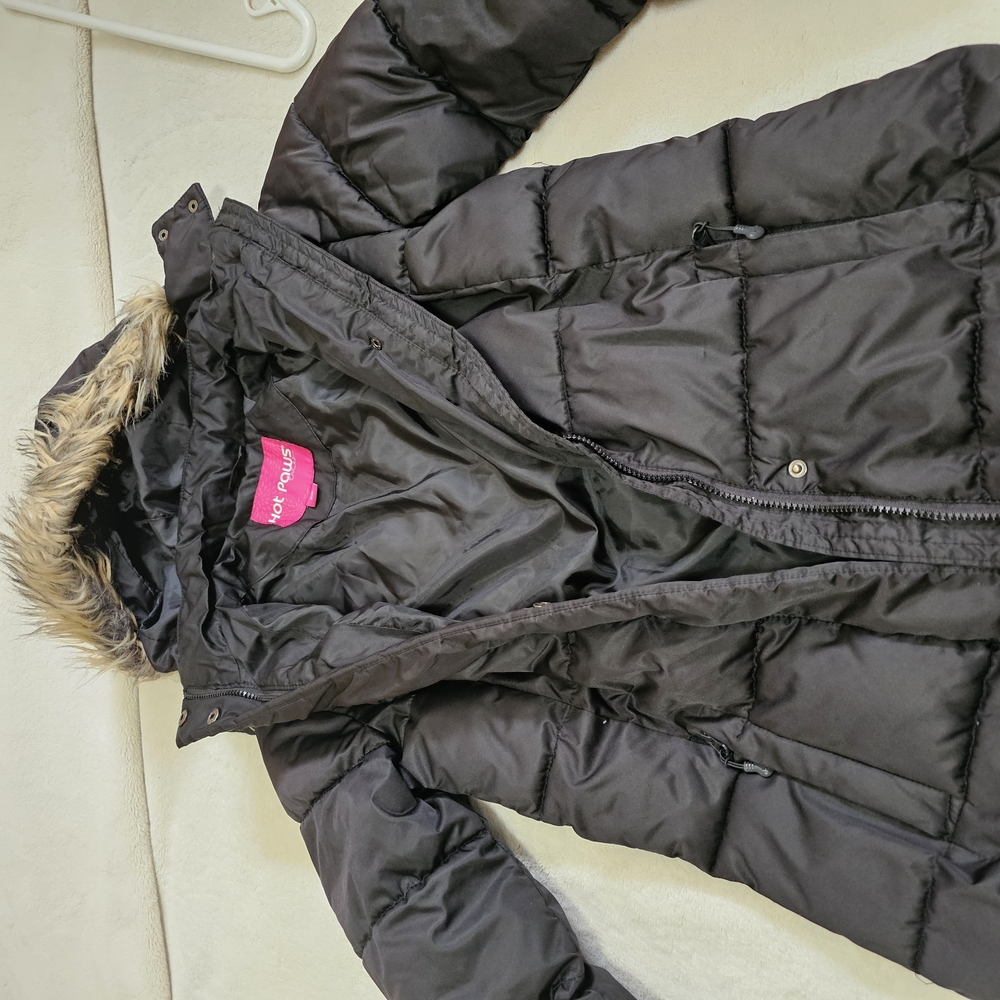 Black Puffer Coat with Faux Fur Trim